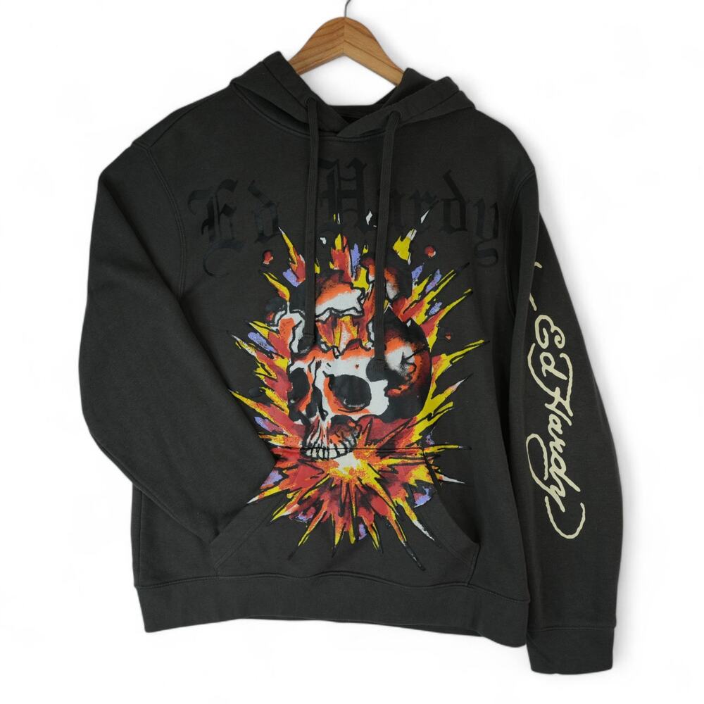 Ed Hardy Hoodie Mens‎ M Dark Gray Exploding Skull Front Back Sleeve Graphic Y2K